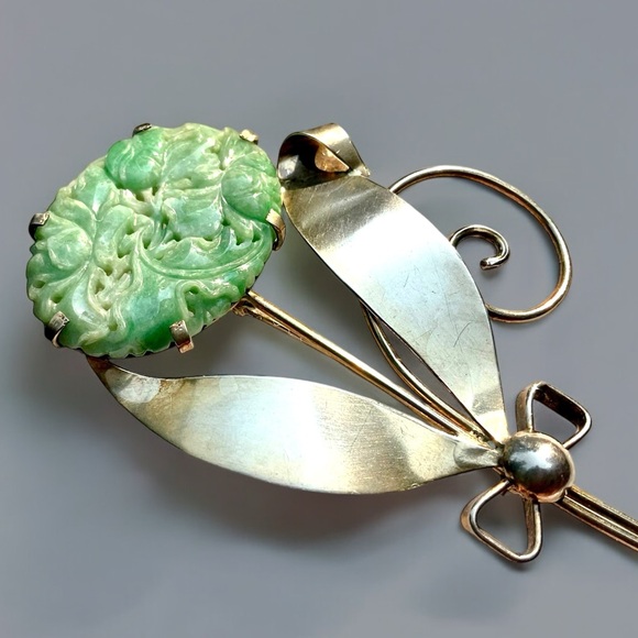 🌺RARE Vintage Sterling/Gold Jadeite Flower Brooch - Picture 4 of 16